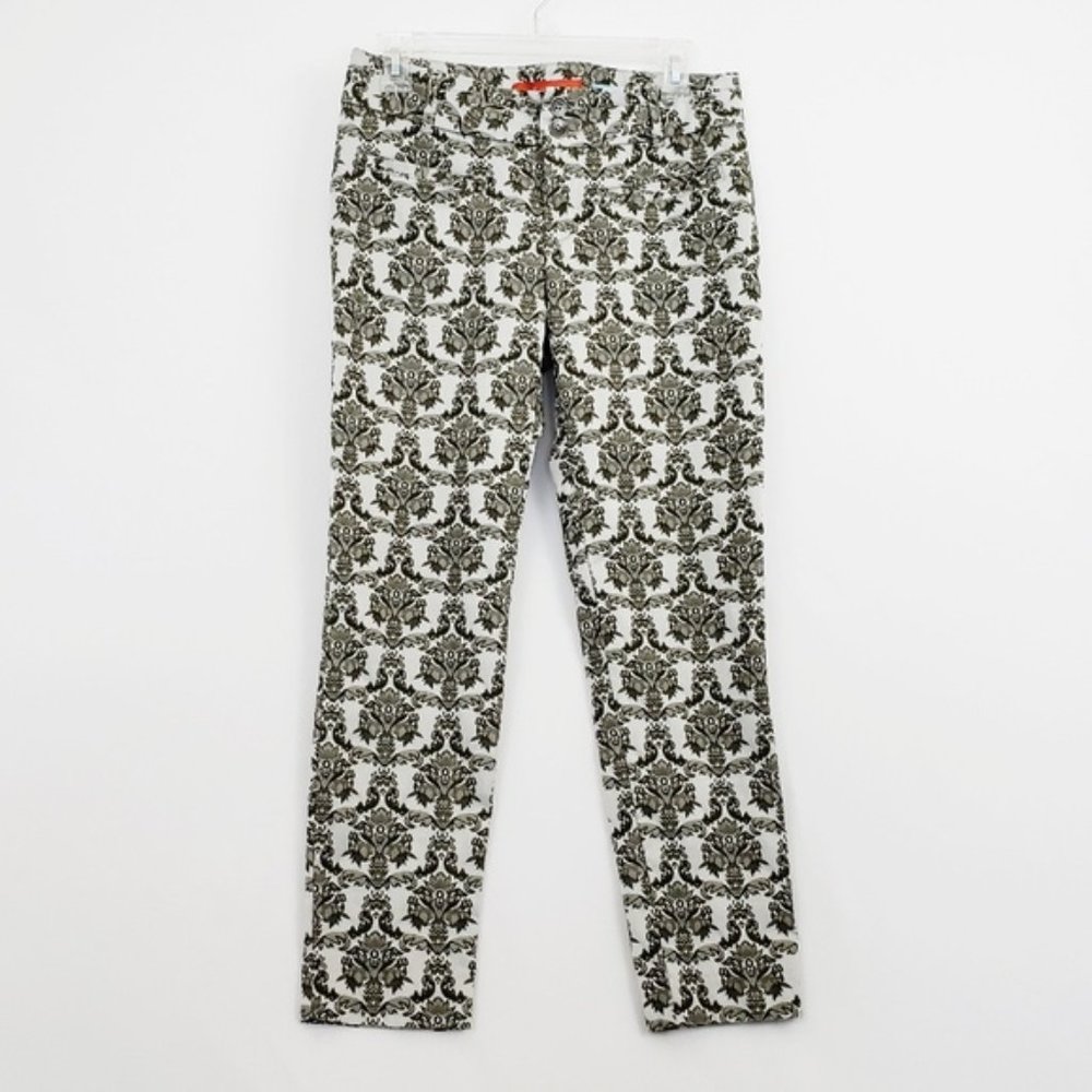 Anthropologie Cartonnier Jacquard Ankle Pants Silky Silver/Velvety green Sz 4